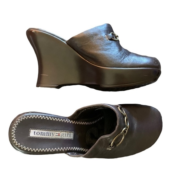 VINTAGE TOMMY GIRL Chunky Brown Leather Platform Mules Clogs Y2K 2000s Size 6 - Picture 2 of 8